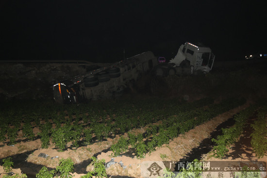 事故发生后，大量硫酸流入稻田。 南宁消防供图